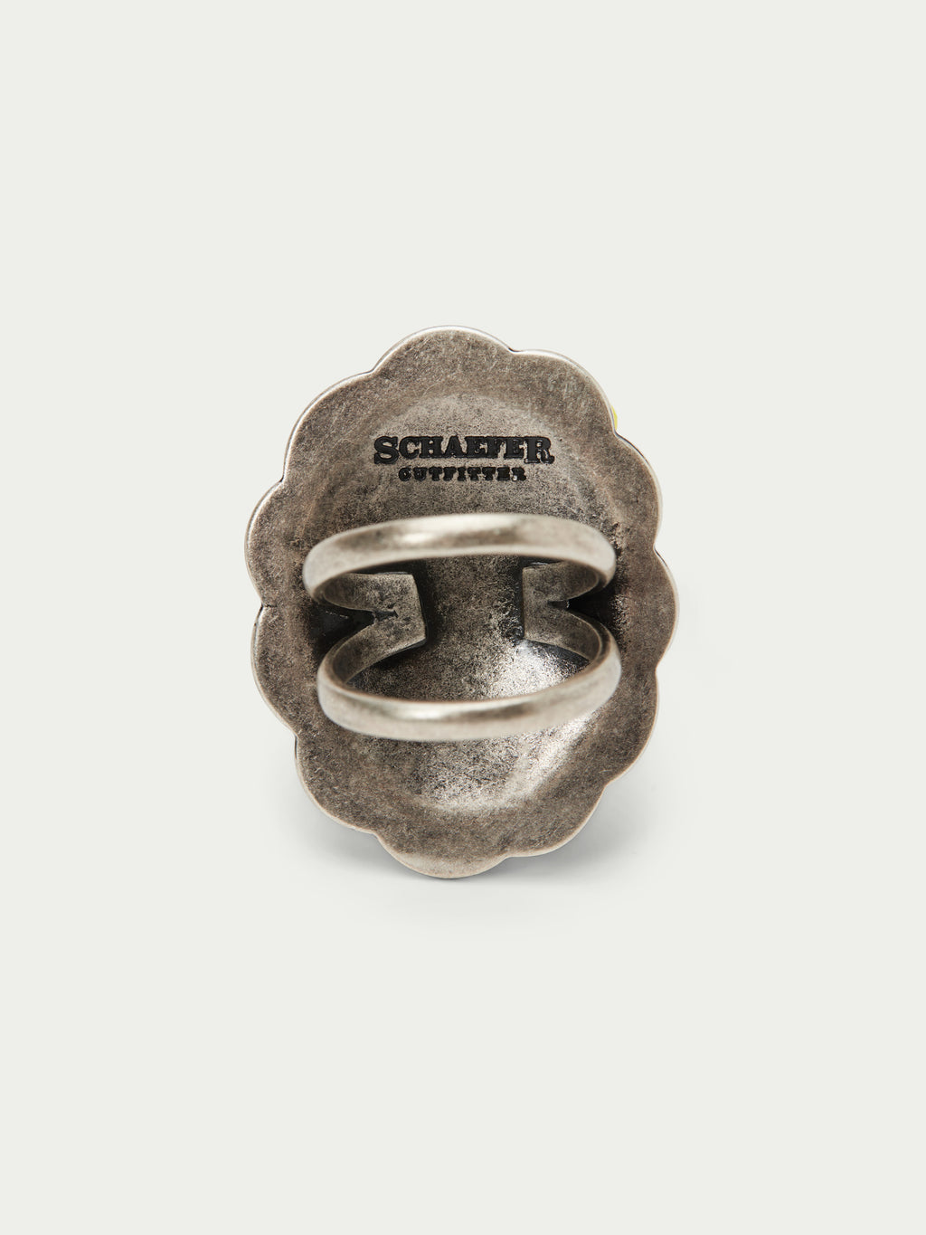 Antiqued silver concho scarf slide with oval bar and engraved brand text