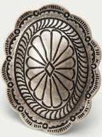 Antiqued silver concho scarf slide with sunburst center and bead border