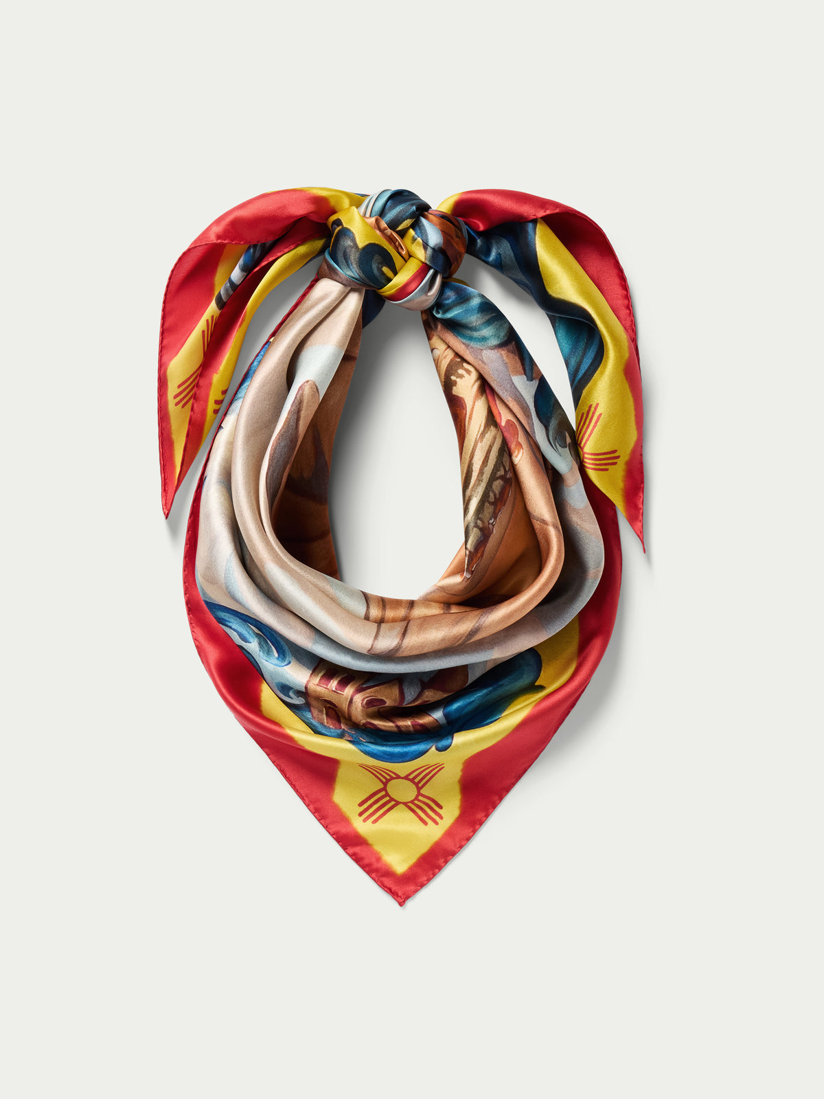 Wild rag scarf tied in a loop with multicolor border and white center