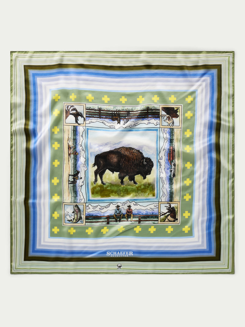 Wild rag scarf featuring buffalo illustration inside patterned frame