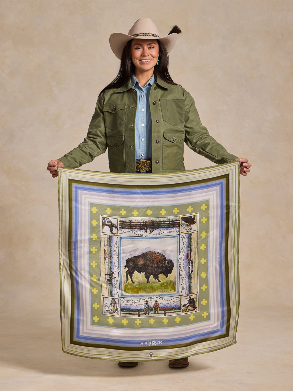 Wild rag scarf held at chest, ranch buffalo print