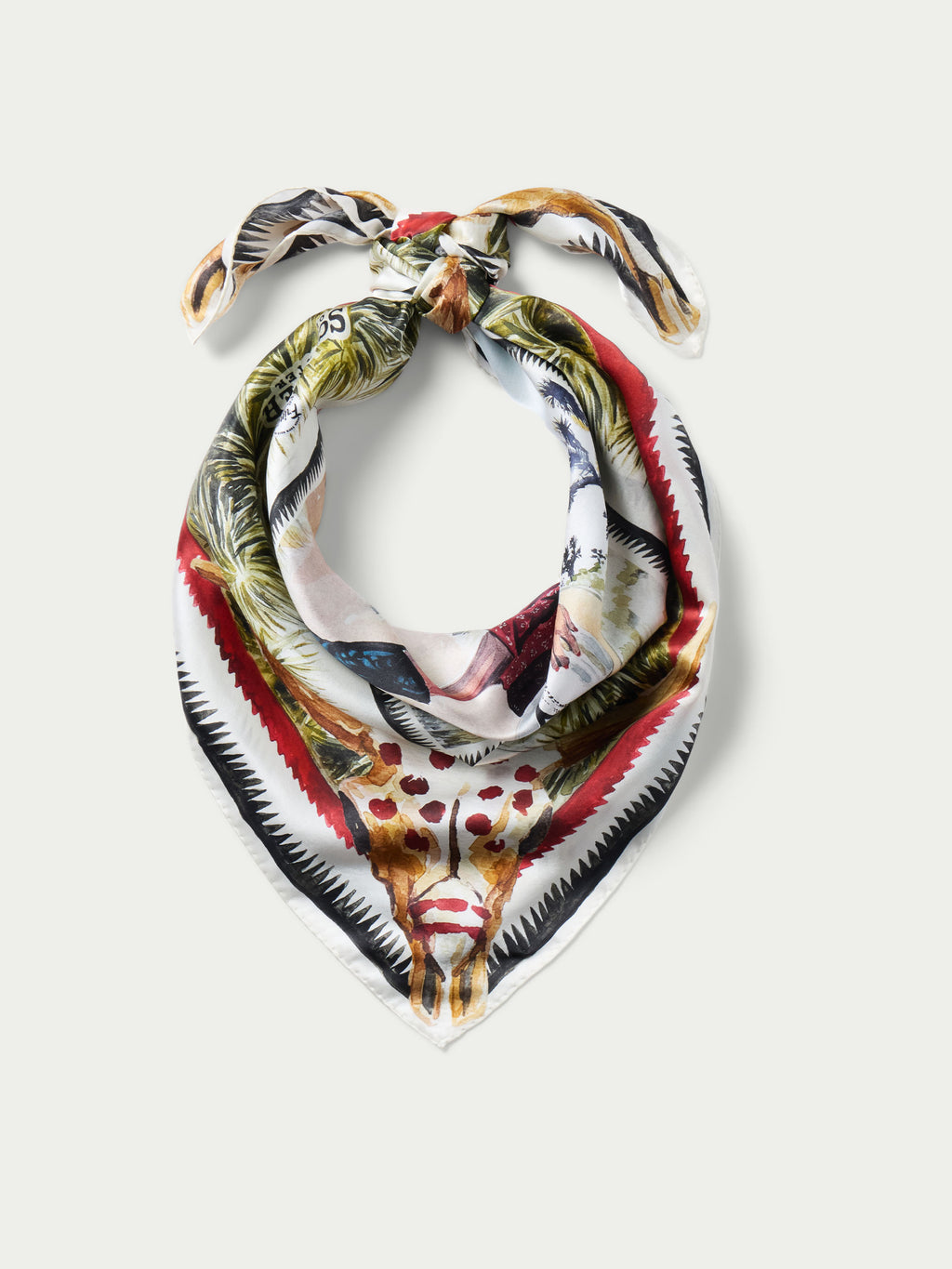 Southwest Spirit wild rag folded with palm, desert, and cowboy prints, red and black trim