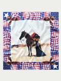 Wild rag scarf flat lay with horse-and-stars print, stars border, plaid edges.