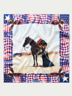 Wild rag scarf flat lay with horse-and-stars print, stars border, plaid edges.