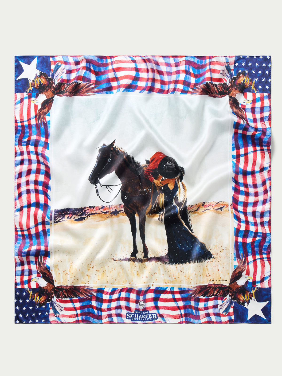 Wild rag scarf flat lay with horse-and-stars print, stars border, plaid edges.