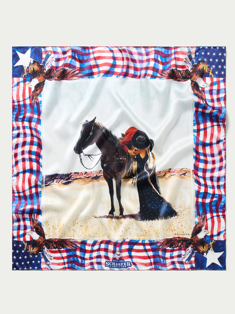Wild rag scarf flat lay with horse-and-stars print, stars border, plaid edges.