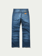 Blue boot-cut denim dungarees with front pockets and belt loops