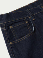 Dark rinse denim close-up of front pocket and tan contrast stitching