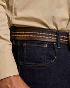 Dark rinse jeans waist close-up with stitched waistband and front pocket