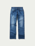 Medium-wash boot-cut dungaree jeans, flat-lay back with back pockets