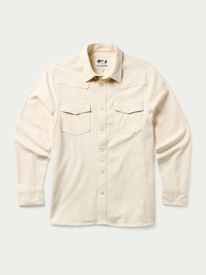 Natural western denim snap shirt, front view with two chest pockets and button snap placket