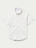 Short-sleeve pearl snap shirt in white with small blue floral pattern, chest pockets.