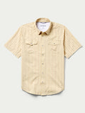 Short sleeve pearl snap western shirt, light cream patterned, front with two chest pockets.
