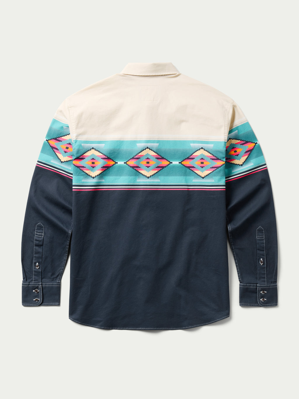 Men's button-down shirt with cream yoke and dark navy body, turquoise diamond stripe print