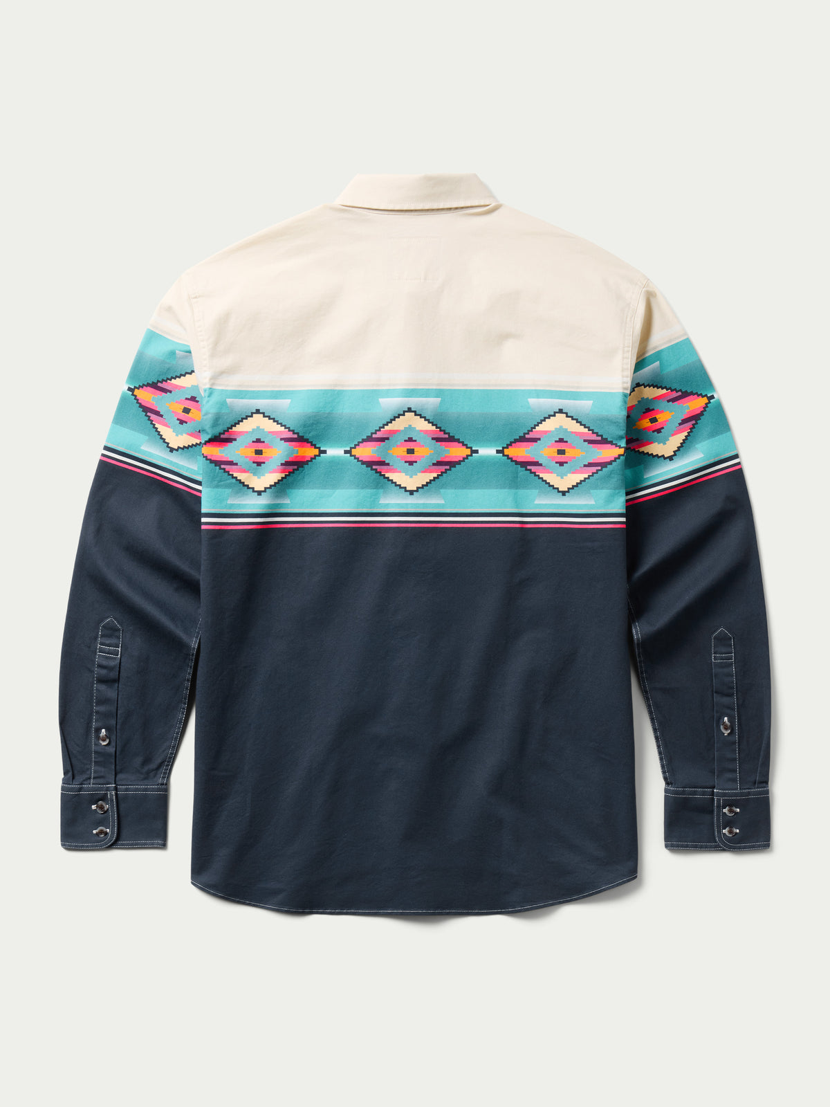 Men's button-down shirt with cream yoke and dark navy body, turquoise diamond stripe print