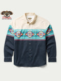 Men's button-down shirt with cream upper yoke and dark navy lower with turquoise diamond stripe