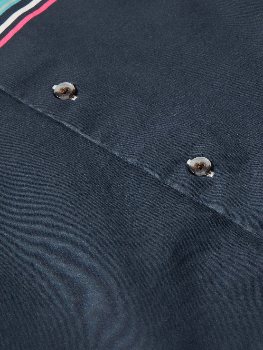 Dark navy button-down shirt: close-up of stitched placket and metal-look buttons