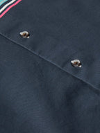 Dark navy button-down shirt: close-up of stitched placket and metal-look buttons