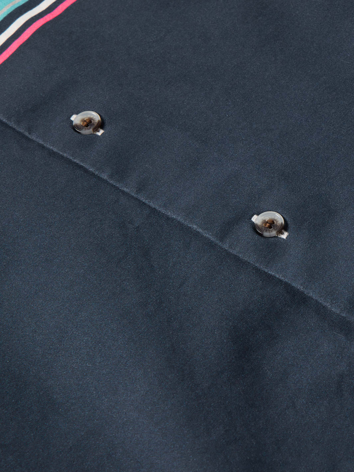 Dark navy button-down shirt: close-up of stitched placket and metal-look buttons