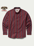 Red striped button-down shirt with multicolor vertical lines and long sleeves