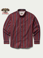 Red striped button-down shirt with multicolor vertical lines and long sleeves