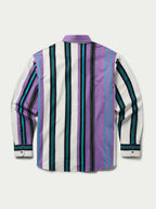 Men's 90's button-down shirt back view with purple, teal, and black vertical stripes