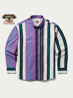 Purple 90's button-down shirt with vertical striped panels and long sleeves