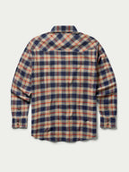 Flannel button-down shirt in multicolor plaid with long sleeves and button front.
