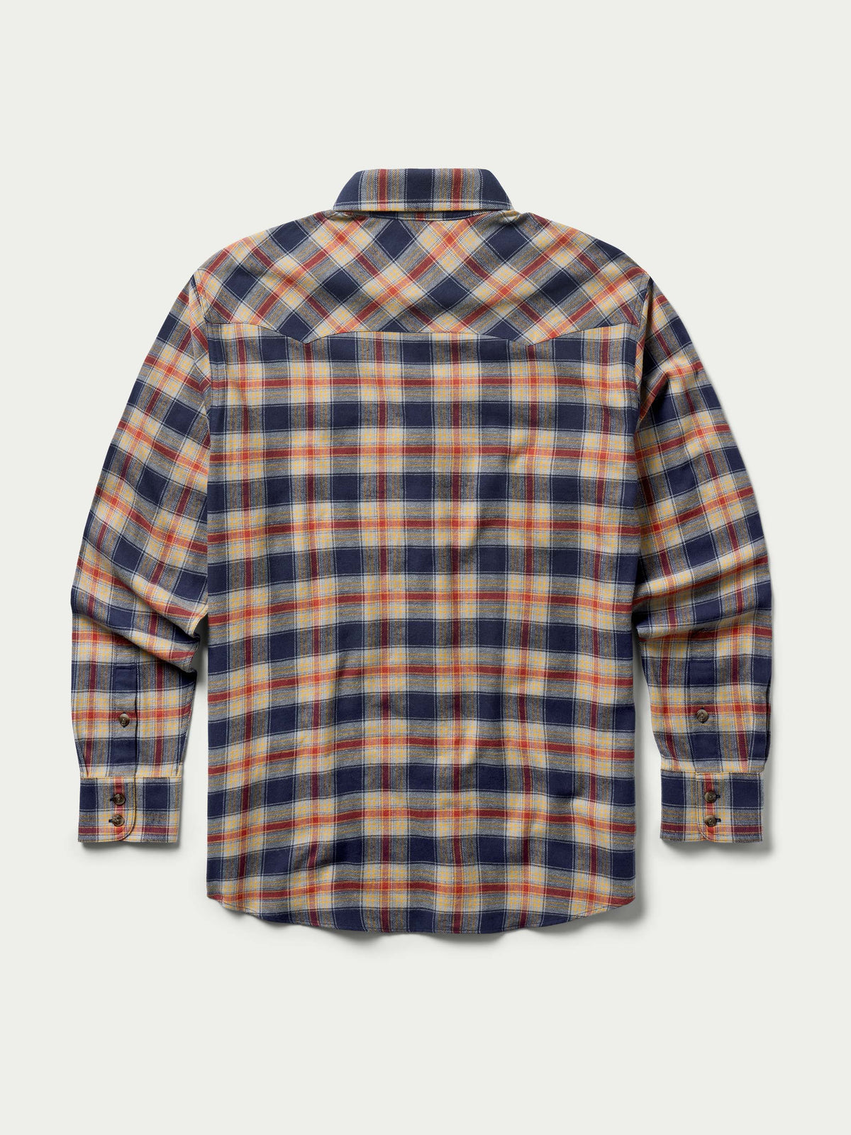 Flannel button-down shirt in multicolor plaid with long sleeves and button front.