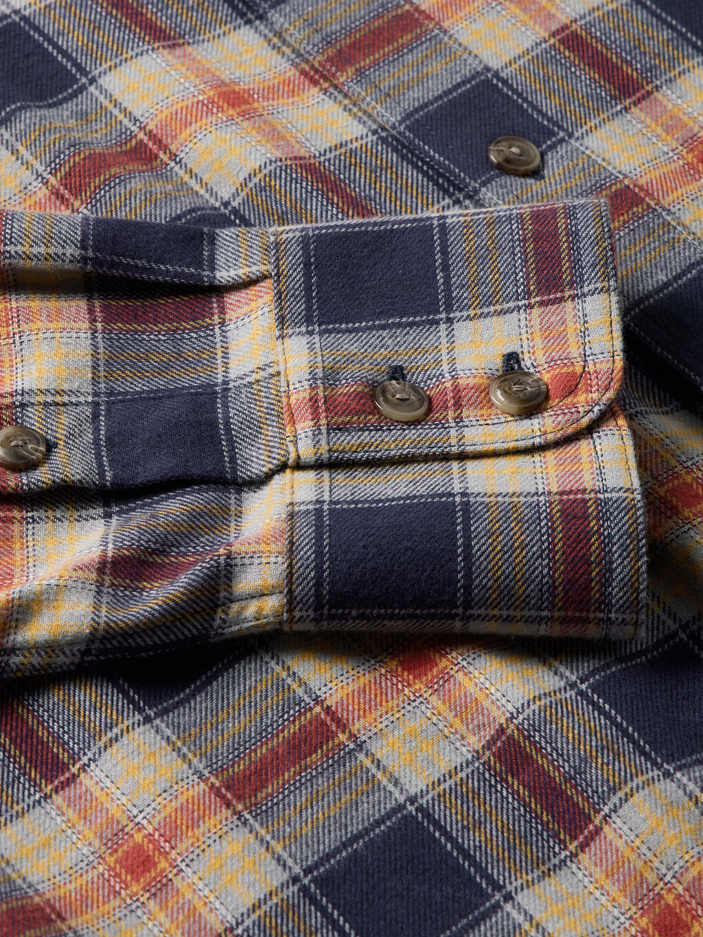 Flannel plaid shirt detail: chest pocket flaps with dark buttons and stitching.