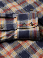 Flannel plaid shirt detail: chest pocket flaps with dark buttons and stitching.