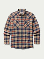 Flannel button-down shirt in multicolor plaid with two chest pockets and long sleeves.