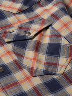 Flannel plaid shirt close-up: pocket flap, dark buttons, and buttoned collar edge.
