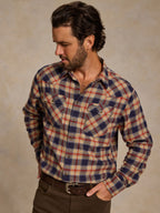 Plaid flannel button-down shirt, long sleeves, chest pocket; navy, tan, orange, yellow.