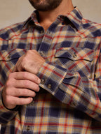 Plaid flannel button-down shirt close-up: cuff buttons and chest pocket flap.
