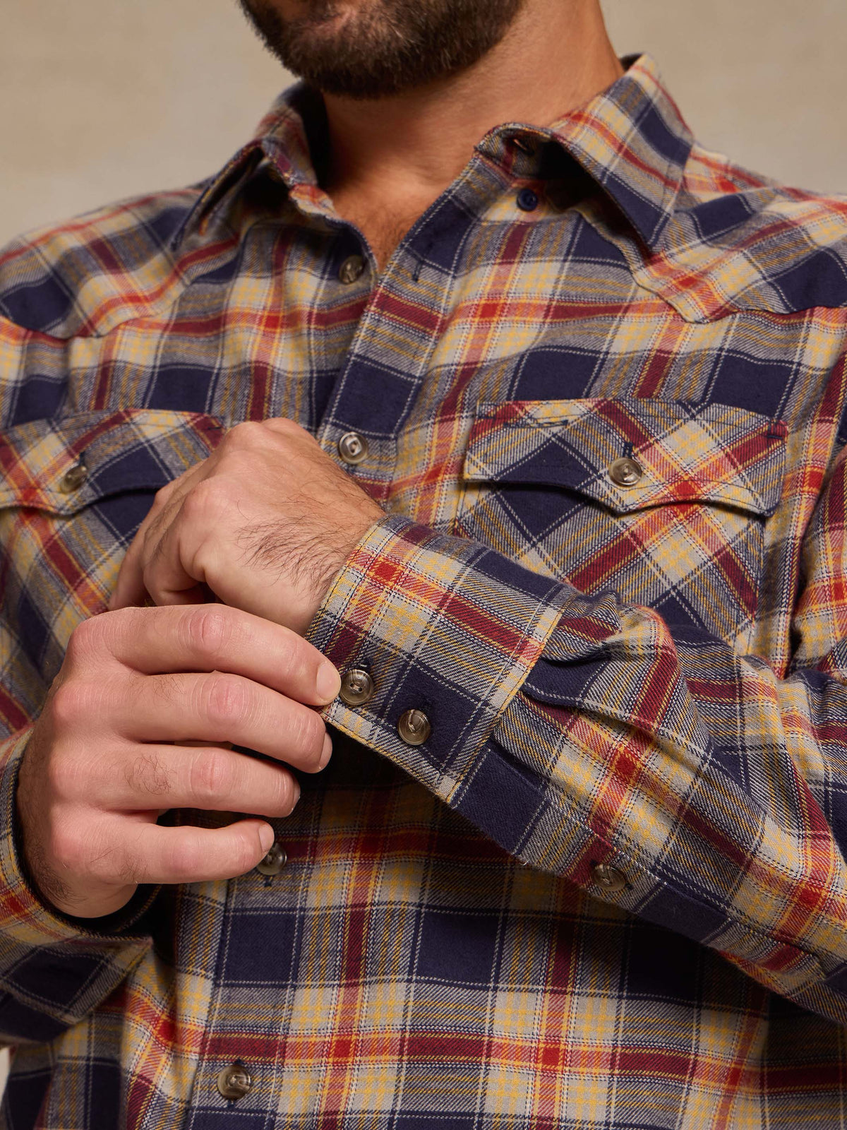 Plaid flannel button-down shirt close-up: cuff buttons and chest pocket flap.