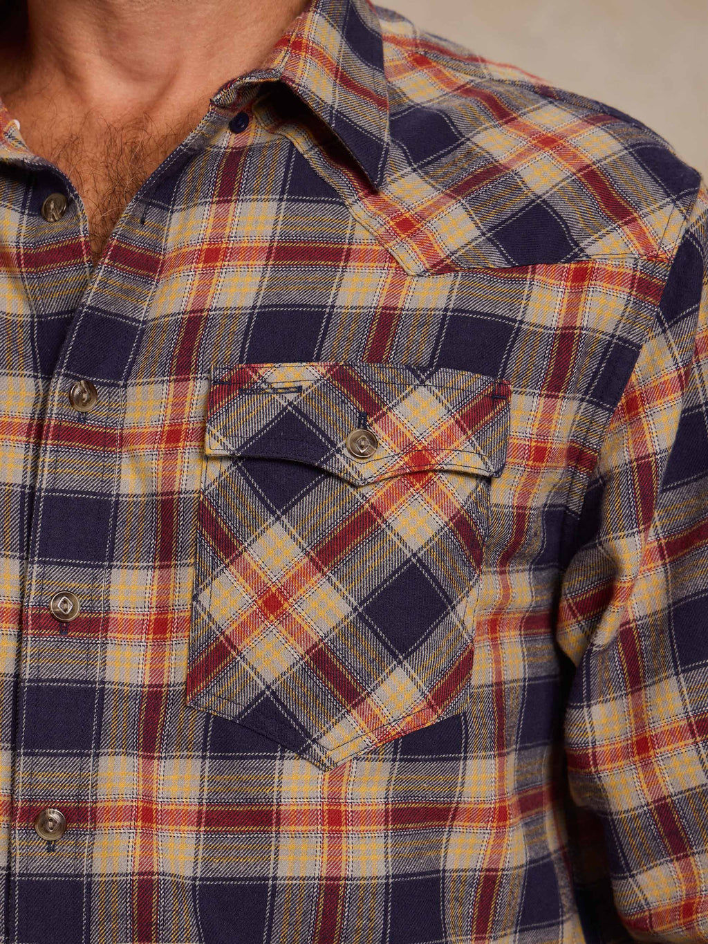 Plaid flannel button-down shirt close-up; chest pocket with flap and buttons.