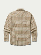 Tan plaid flannel button-down shirt with long sleeves and button cuffs