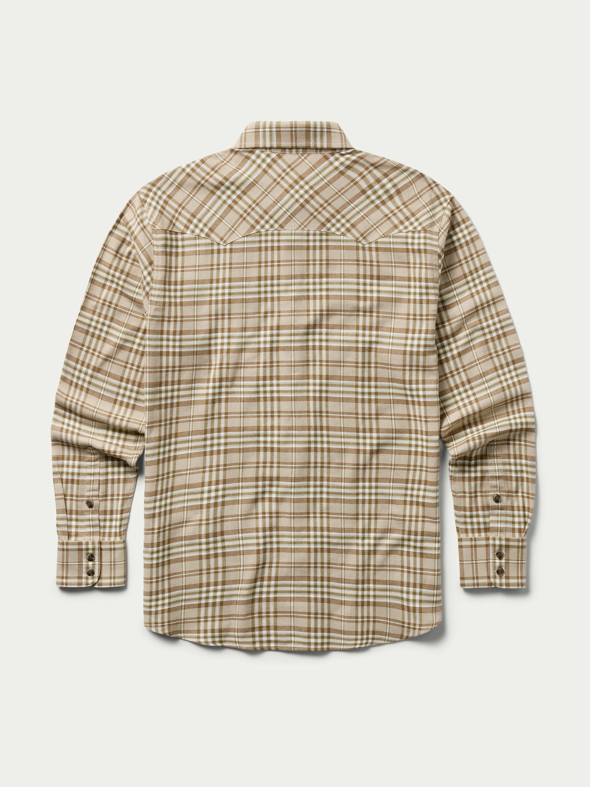 Tan plaid flannel button-down shirt with long sleeves and button cuffs