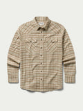 Tan plaid flannel button-down shirt with chest pockets and long sleeves