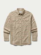 Tan plaid flannel button-down shirt with chest pockets and long sleeves