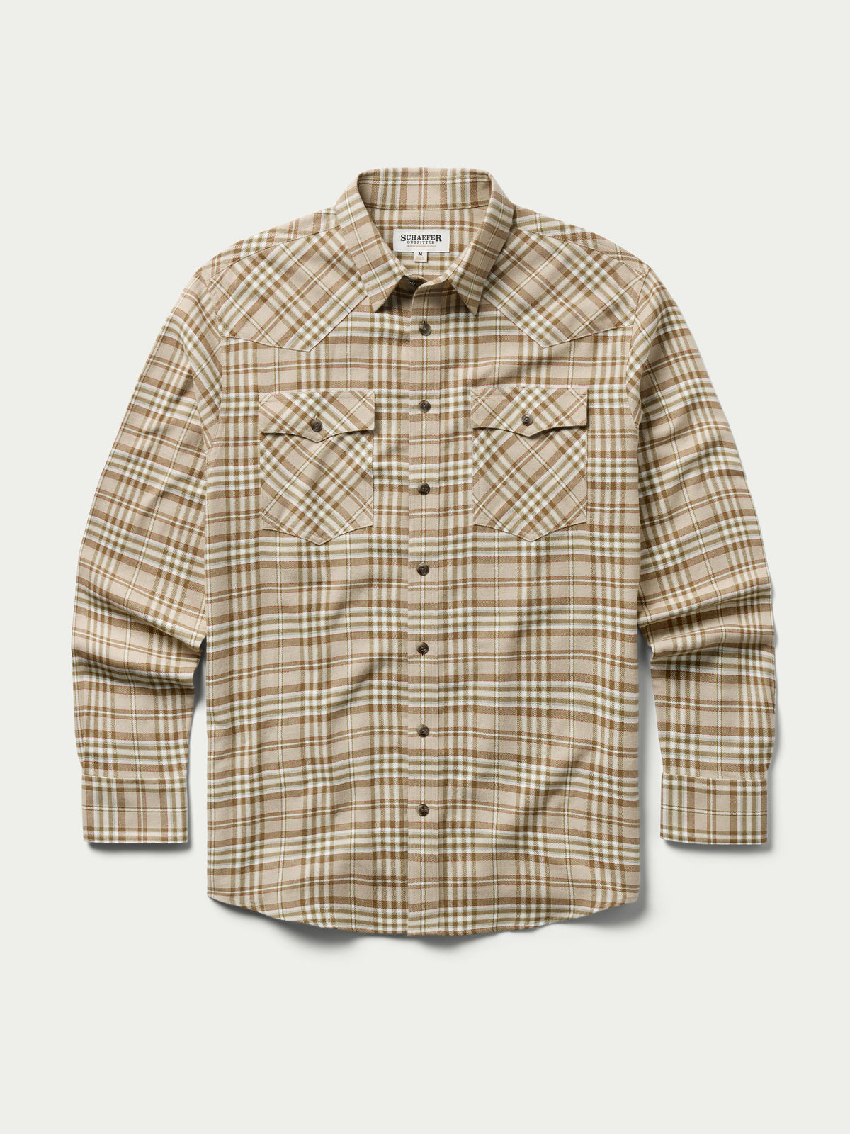 Tan plaid flannel button-down shirt with chest pockets and long sleeves