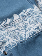 Light blue denim button-down shirt with white mountain landscape print panel