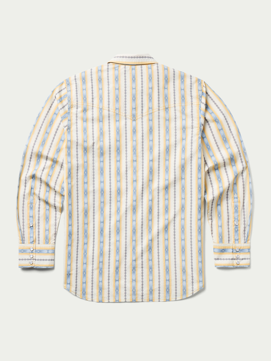 Men's cotton snap shirt with light blue and white vertical stripe pattern, button-snap cuffs