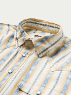 Cotton snap shirt detail: point collar, light blue and white vertical stripe with white snap placket