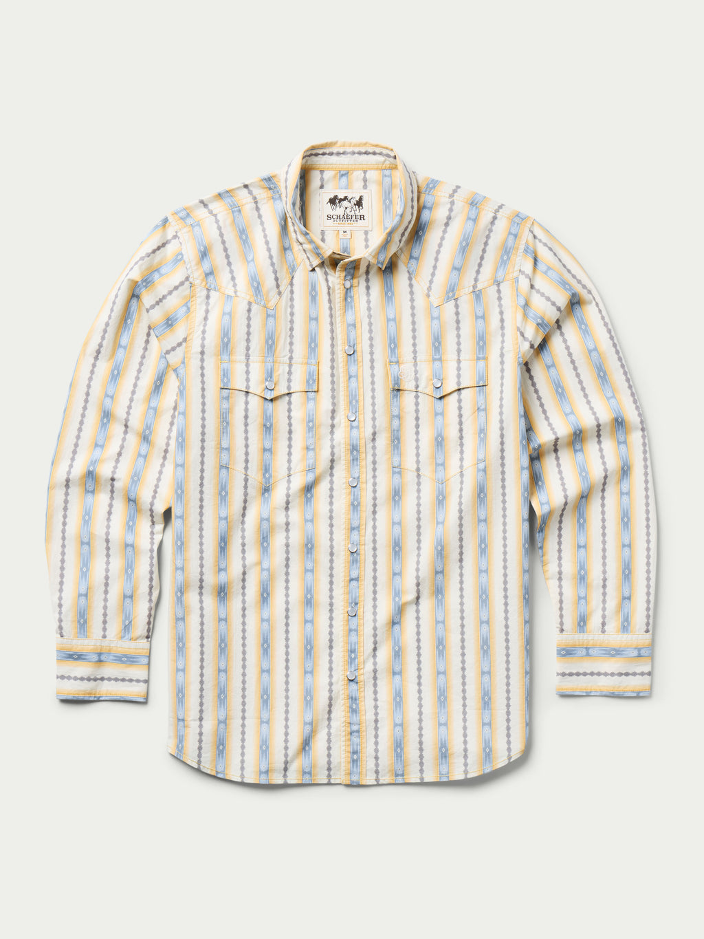 Men's cotton snap shirt with light blue and white vertical stripes, point collar, snap front
