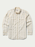 Men's cotton snap shirt with light blue and white vertical stripes, point collar, snap front