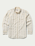 Men's cotton snap shirt with light blue and white vertical stripes, point collar, snap front
