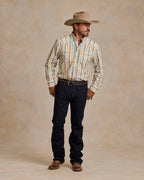 Men's cotton snap shirt, light blue and white vertical stripe design with point collar and snap front