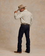 Cotton snap shirt in blue-and-white vertical stripes, back view, snap buttons